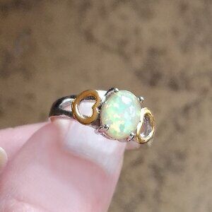 New - White Fire Opal Silver Two Tone Ring - Size 6